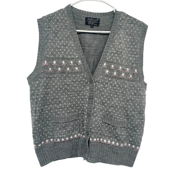 Vintage 80's Knit Sweater Vest KnitivoII Cardigan Size 42 Gray Made in Korea - Picture 7 of 12